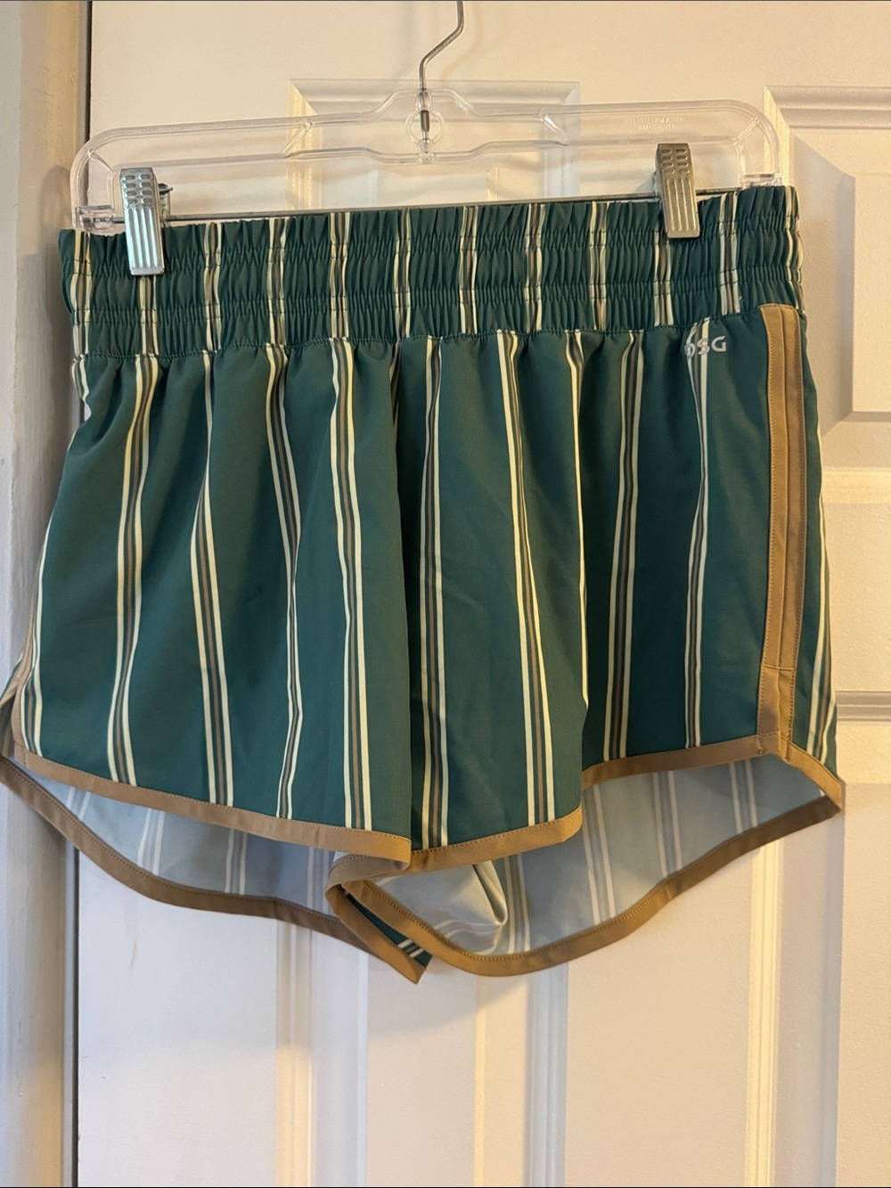 DSG Teal Green Vertical-Stripe Athletic Shorts with Tan Trim